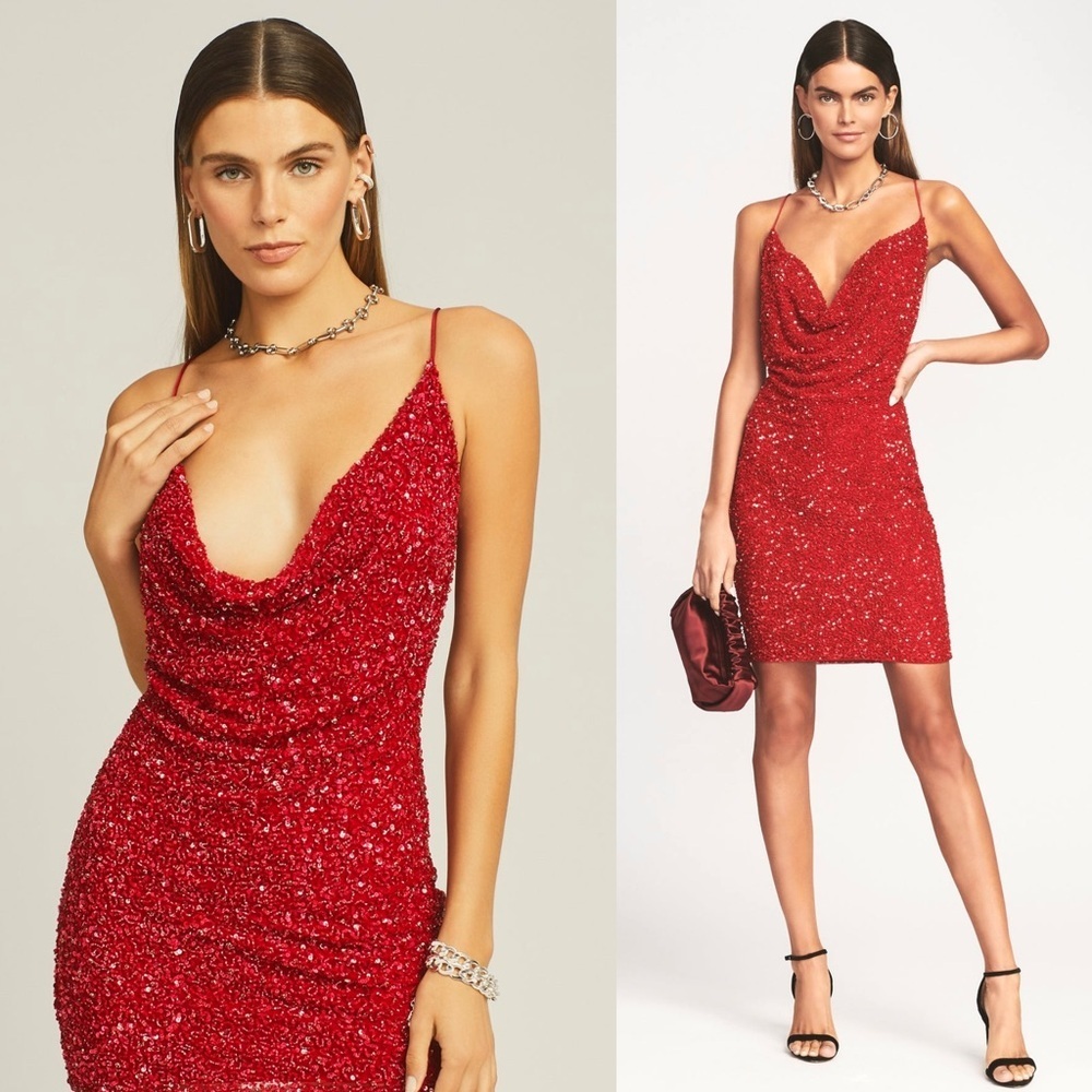 RETROFETE Cherry Crystal Sequin Beaded
Draped Neck Sleeveless Open‎ Back Dress S